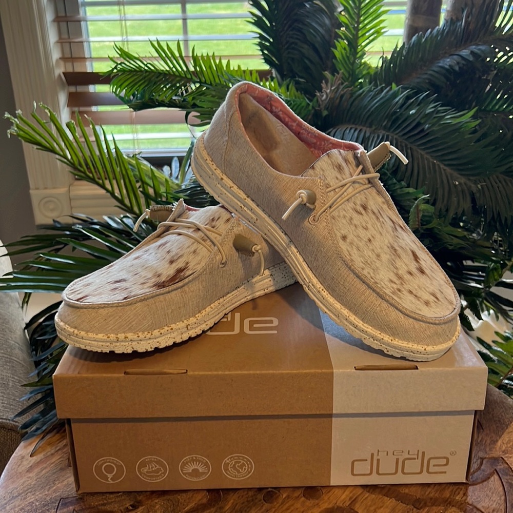 Hey dude shoes women size 8 with custom made cowhide print